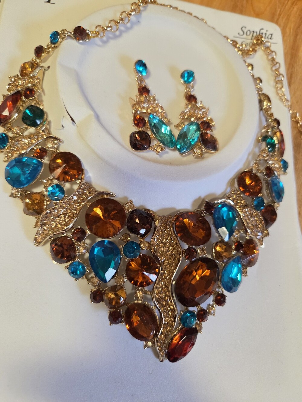 Sophia Collection Statement Rhinestone Necklace and Pierced Earrings Set
